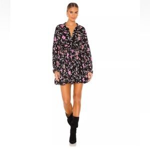 Free People Lighten-Up Floral Print Black Mini Dress Long Sleeve Size: XS/TP